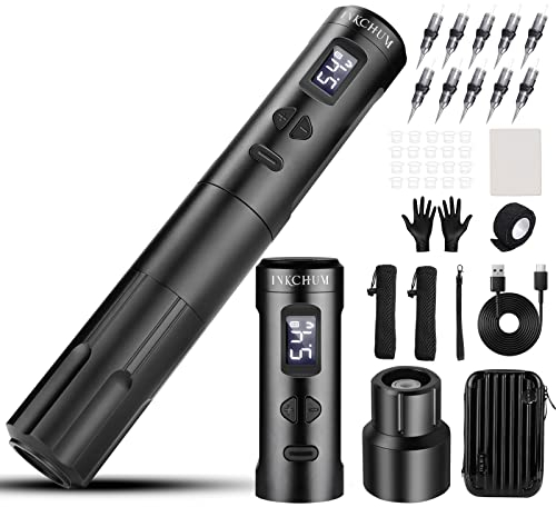 INKCHUM Wireless tiwttuo Maschine Set mit 2 Batterien,Übungsfelle, Becher und Handschuhe,10W Motor OLED Display-Ausrüstung für Profis und Anfänger Rotations Permanent Make Up Maschine Anfänger