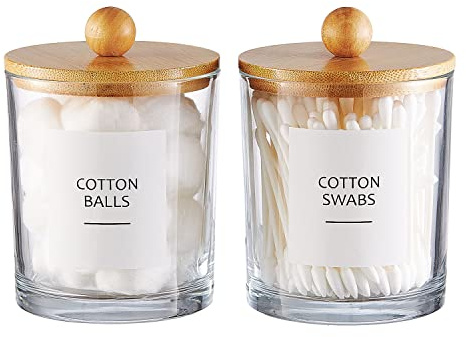 Onsogi - Bocaux d'apothicaire en verre avec couvercles en bambou pour l'organisation de la salle de bain, le support de pointe Q et le support de boule de coton sont parfaits pour la décoration de