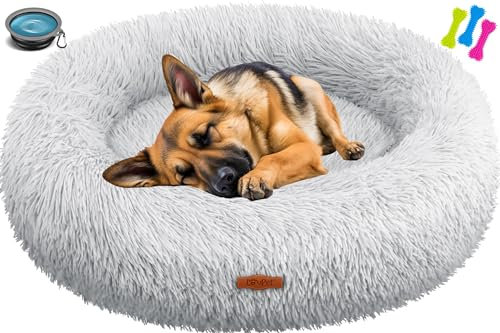 Lovpet® Hundebett Hundekissen Katzenbett Bagel, Waschbar, Inkl. Napf + 3X Kauknochen, Hundesofa flauschig Kissen Rund aus Plüsch für Kleine, Mittelgroße & Große Hunde, Katzen [3XL, Ø 100cm Hellgrau]