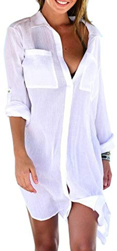 yocozy Women Summer Shirt Beach Bikini Cover Up Beachwear Swimsuit Coverups Dress Blouse White