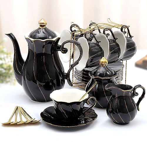 DUJUST 22 pcs Porcelain Tea Set for 6, Luxury British Style Tea/Coffee Cup Set with Golden Trim, Beautiful Tea Set for Women, Tea Party Set, Gift Package (with a Stand) - Black