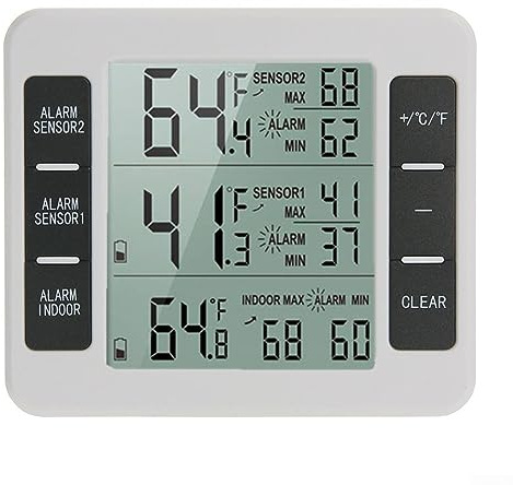 Alarm Fridge Thermometer, Digital Refrigerator Freezer Thermometer, Indoor Outdoor Wireless Freezer Alarm Thermometer Weather Station with Remote Control