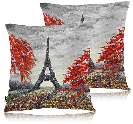 Swono Eiffelturm-Bett-Kissenbezüge, Paris, Eiffelturm, Ahorn, dekorativer Kissenbezug für Sofa, Bett, Wohnzimmer, Bauernhaus, Dekorationen, 45,7 x 45,7 cm, 2 Stück, Rot