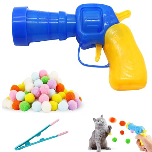 Katzenspielzeug Bälle mit Katzenspielzeug-Werfer,Interaktives Katzenspielzeug,Interaktives Launch-Training,Plüschball Shooting Gun,Plüschball-Schießpistole für Kätzchen(50 Happy Balls + Launch Gun)