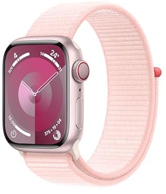 Apple Watch Series 9 GPS + Cellular 41mm Smartwatch con cassa in alluminio rosa e Sport Loop rosa confetto. Fitness tracker, app Livelli O₂, display Retina always-on, resistente all’acqua