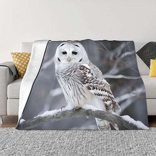 Winterdecke mit weißem Eulen-Motiv, warm, Flanell-Fleece, Plüsch, weich, Sofa-Überwurf, Decke als Bettdecke/Bettlaken, 150 x 200 cm