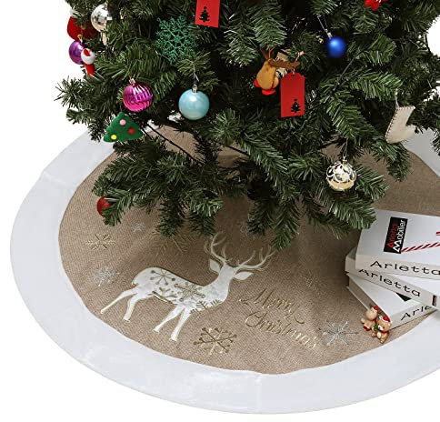 Lewondr Weihnachtsbaum Rock, 120CM Rund Weihnachtsbaumdecke Christbaumständer Teppich mit Exquisiter Stickerei von Elchen und Schneeflocken für Zuhause Weihnachtsfeier Weihnachtsbaum, Khaki + Weiß