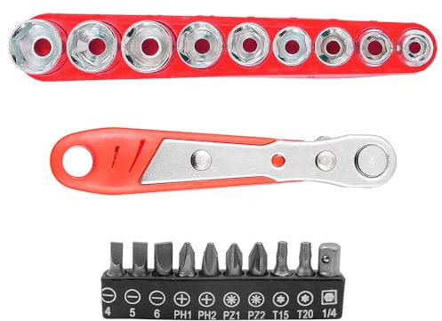Namvo Right Angle Phillips Magnetic Screwdriver for Awkward Spaces with 1/4 Inch Drive High Torque Offset Reversible Mini Ratcheting Offset Screwdriver with Screwdriver Bits Set