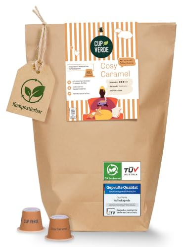 CUP VERDE Cosy Caramel Kaffeekapseln kompostierbar - [30 Kapseln - kompatibel mit Nespresso®] - Kaffee - 100% Arabica - ohne Aluminium - Karamell - Kapselkaffee - Röstkaffee - Kaffeegenuss - Vegan