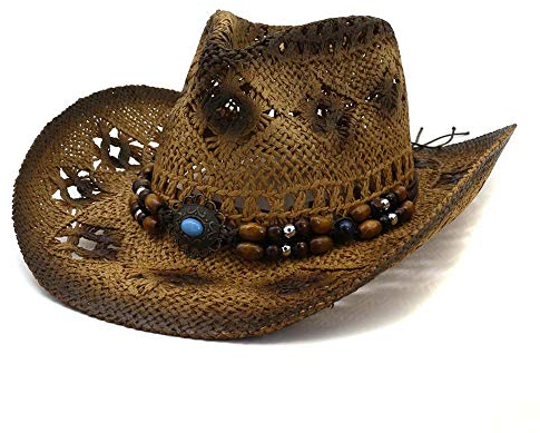 Sombrero de Cowboy de Paja Unisex Sombrero Vaquero Panamá con Banda Cowgirl Hat Sombrero Occidental Sombrero de Playa Sombrero Visera de Verano para Hombre Mujer (Caqui)