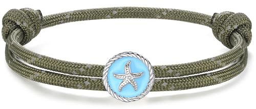 J.Endéar Surfer Seestern Armband für Herren Damen | Wasserfestes & verstellbares Paracord Armband Silber 925 | Jungen Geschenk Sommer Strand Sport Schmuck, Grün