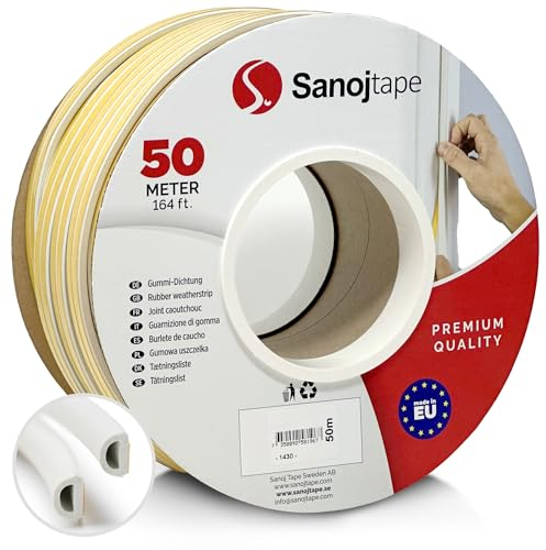 Sanojtape Dichtungsband D-Profil Weiß 50 Meter Selbstklebende EPDM-Gummidichtung Ideal Dämmung Isolierung Fenstern Türen