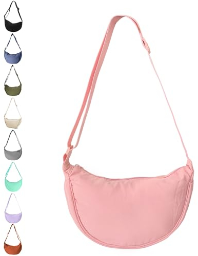JENCVNL Sac à Croissants en Nylon Sac à Croissant pour Femmes Nylon Petit Sacs Demi-lune en Velours Côtelé Sacs Banane en Velours Côtelé (rose)