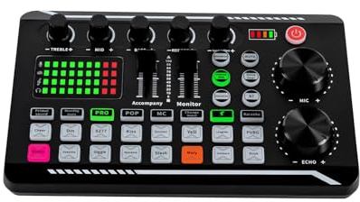 Live Soundkarte und Audio Interface mit DJ Mixer Effekte und Voice Changer, F988 Bluetooth Stereo Audio Mixer für Live Youtube Streaming, PC, Recording Studio Podcast Gesang Gaming