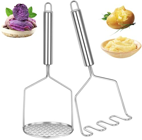 2 Stück Kartoffelstampfer Edelstahl, Kartoffel Stampfer mit Gummigriff, Kartoffelstampfer Küchenwerkzeug für Spülmaschinengeeignet, Kartoffelbrei, Gemüse, Frücht