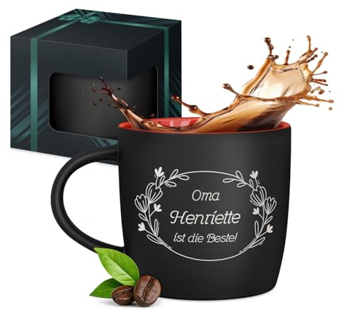 Maverton Keramik Kaffeebecher 400ml mit Gravur - personalisierte Kaffeetasse aus Matt Keramik mit Henkel für Frauen zum Geburtstag zu Weihnachten - Trinkbecher matt schwarz - Innen rot - Blumen