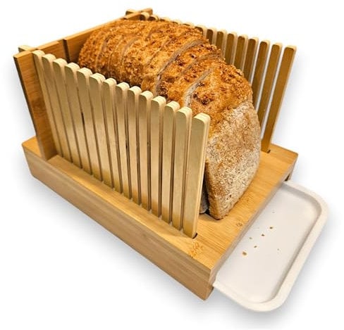 Bamboo Bread Slicer Guide Cutter For Slicing Homemade Bread, Bagels, Sourdough Loaves - Folable & Compact, Adjustable Width & Thickness, Crumb Tray, Kitchen Gadget & Gifts