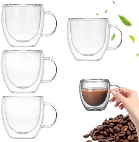 Coffee Glasses, 4pcs 150ml Double Walled Glass Coffee Mugs, Heat-Resistant Espresso Cups, Clear Coffee Mug for Tea Milk and Juice