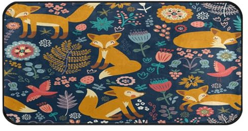 Ksajwzf Fußmatte für Küche, Fuchs, Blumen, Blätter, rutschfest, saugfähig, für Eingangsbereich, Badezimmer, Garage, Heimdekoration, 99,1 x 50,8 cm