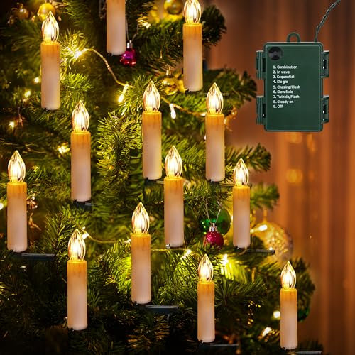 ODEETRONIC Christmas Tree Candles Lights, 9.85ft 10 LED Flameless Candle Lights, 8 Lighting Modes Battery Clip-on Candle Lights, Timer LED Candles Lights for Xmas Tree Wedding Party Decor, Warm White