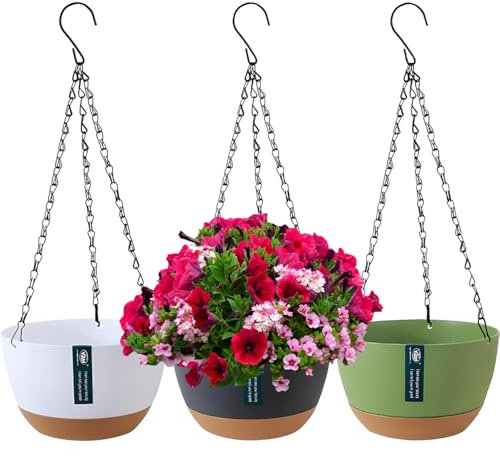 Duscdesp 3 Stück Blumenampel, Blumentopf Hängend für Innen Außen, Hängetopf für Pflanzen mit Drainagelöchern und Abnehmbarem Untersetzer, hängeampel Blumentöpfe zum Aufhängen für Haus Garten Balkon