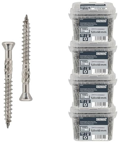 HELPMATE – Vis de terrasse 5 x 60 en acier inoxydable A2 – Lot de 4000 vis de plancher + embout T25 – Vis de terrasse pour l'extérieur (construction de terrasses, abris de jardin)