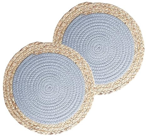Hoement 2pcs Round Seagrass Placemats Place Mats Heat Insulated Straw Woven Coasters