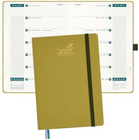 BEZEND Kalender 2025 Buchkalender A5 1 Woche 2 Seiten mit 2 Spalten - Terminplaner 2025 Hardcover mit Dualer Monatsregister. Wochenplaner & Terminkalender 2025 mit Viele Extras - Senf