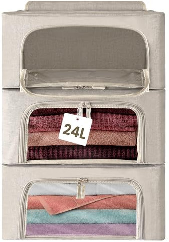 unycos – Aufbewahrungstasche【3 Stück | 24L】 Unterbett Aufbewahrungsbox mit Verstärkt Griff und Transparentes Fenster, Faltbare Organizer für Kleidung/Bettdecken/Decken (Grau; Iron Rod)