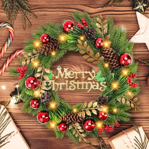 Christmas Wreaths for Front Door GIOVARA 38cm Artificial Door Wreath with Lights, Xmas Wreaths for front door, Christmas Wreath with lights, Xmas Wreath Decorations For Window Fireplace Wall