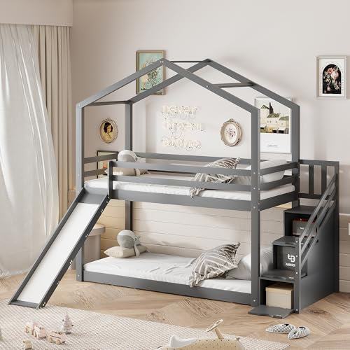 MURUL Kinderbett Hausbett, Etagenbett mit Lattenrost 90x200cm mit Rutsche und Leiter zur Aufbewahrung, Etagenbettgestell aus Massivholz (Grau)
