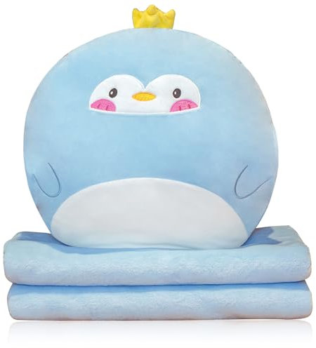 MeYuxg 140 x 170 cm Reisedecke und Kissen mit Bezug 3-in-1, Nickerchen Kissendecke, Autosofa, Rückenlehnenkissen für Kinder Junge, Mädchen Weiche Geschenke Erwachsene (Pinguin)