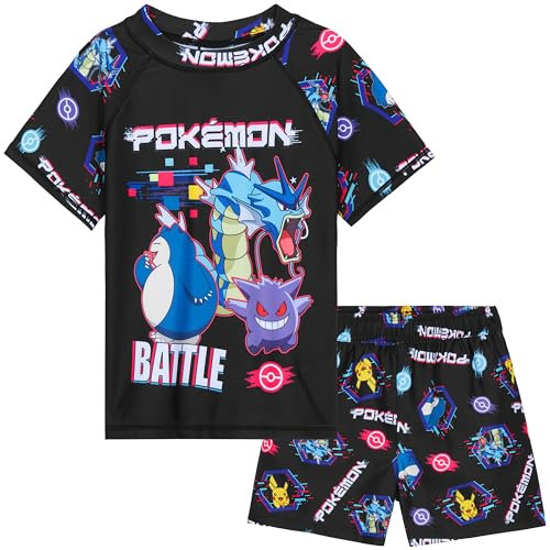Pokemon Swimsuit Set for Boys Teens 2 Piece Anime Swimming Costume with Boys Swimming Shorts and Rash Vest for Swimming Pool Beach Trip Holiday Essentials (5-6 Years, Black)