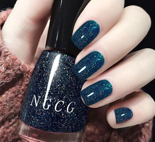 Glitter Nail Polish - Quick Dry & Long Lasting Dark Blue Varnish, No Need Cure Gel, Shimmer Lacquer, Non-Toxic Formula for Women Girls Gift