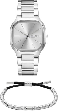 Skagen Herren Mellem Silberfarbene Edelstahl Uhr und Pelle-Armband, Set