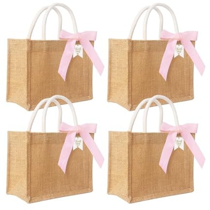 Dmnnlp 4 Stück Jutetasche mit Rosa Band und Tags, 22x17x10cm Geschenktaschen Kleinn, Personalisiert Jute Tasche für Hochzeitsfeiern, Bachelorette, Brautjungfer, Baby Duschen, Shopping (Rosa)