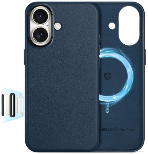 SHIELDON Lederhülle für iPhone 17 6,3 5G 2025, Marineblau | Kompatibel mit MagSafe, Echtleder, Kabelloses Laden, Kamerasteuerung, Metallknöpfe, Anti-Fingerabdruck, Leichte Handyhülle