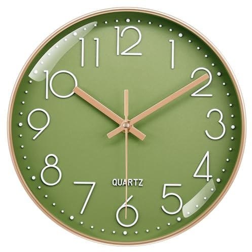 VIKMARI 20 cm Olivgrüne Moderne Wanduhr Lautlos Küche Heimbüro | Gut ablesbare 3D-Ziffern, lautloses Sweep-Quarzwerk ohne Tickgeräusche und Hartglas für Wohnzimmer, Schlafzimmer und Büro