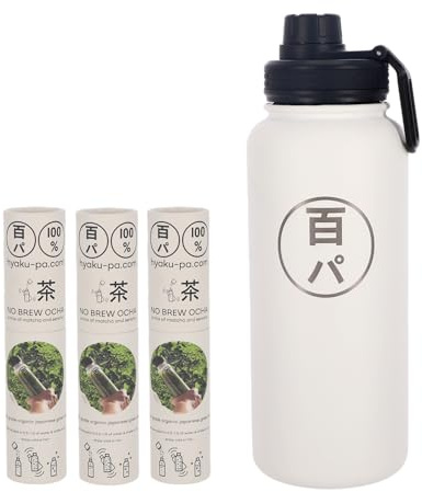 Hyaku-Pa Organic Matcha Powder 80% & Sencha 20%, Premium Japanese Green Tea, No Brew-Cold Brew, Sencha Leaves, Focus, Zen & Sport, Steel Bottle Set (3 Tubes + Steel Flask)
