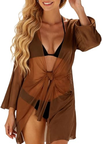 Saodimallsu Bikini Cover Up Kimono d'été Cardigan long en mousseline de soie Maillot de bain léger avec cordon de serrage Poncho de plage Robe de plage sexy