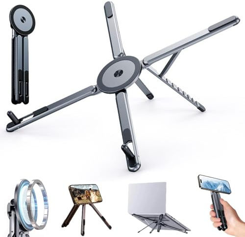 4-in-1 Multifunctional Magnetic Device Stand, Creative Alloy Rotating Folding Magnetic Phone Holder, Adjustable Height Laptop Stand, 360° Rotation Portable Holder for Phone, Tablet, Laptops (Grey)