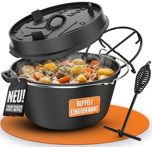 AMZBBQ® Dutch Oven 9 Liter ohne Füße – Gusseisen Topf, doppelt eingebrannt | Schmortopf für Backofen, Grill und Herd – ideal zum Brot backen, Schmoren und Braten – inklusive Deckelheber und Untersetzer