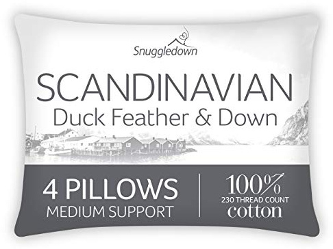 Snuggledown Duck Feather & Down Pillows 4 Pack - 85:15 Ethically Sourced Fill for Back & Side Sleepers | Medium Support, Soft Cotton Cover, Non-Allergenic & UK-Made (48 × 74cm)
