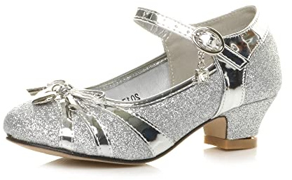 AJVANI Low Heel Diamante Bow Mary Jane Glitter Court Shoes Size 9 Silver