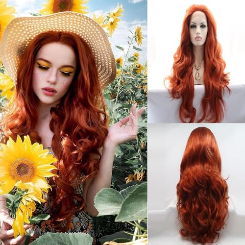 xiweiya Long Copper Red Synthetic Lace Front Wig Heat Resistant Body Wave Lace Front Wavy Wigs Free Part Natural Hair Wig for Women 24 Inch Fashion Glueless hair for Women Drag Red Brown Wigs 24Inch