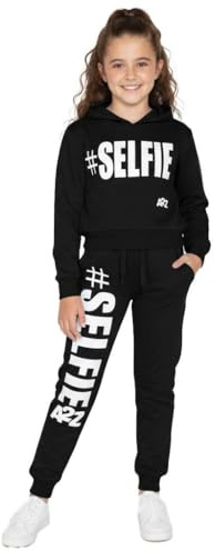 A2Z 4 Kids Girls Tracksuit Fleece Hooded Crop Top Bottom Jogging Suit - T.S Crop Selfie-Black-7-8 Years