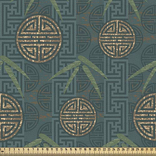 ABAKUHAUS Bambus Gewebe als Meterware, Authentische asiatische Motive, Schön Gewebten Stoff für Polster und Wohnaccessoires, 1M (148x100cm), Elfenbein Teal Tan