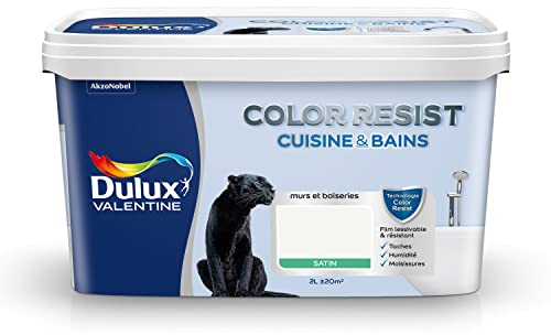 Dulux Valentine Color Resist - Peinture Intérieure Pièces Humides - Pour Murs, Plafonds, Boiseries - Lessivable et Résistante - Couleur : Blanc Satin - 2 L - 5262196