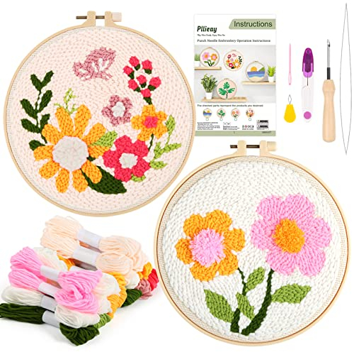 Pllieay 2 Set Punch Needle Embroidery Starter Kits include Instructions, Punch Needle Fabric with Pattern, Yarns, Embroidery Hoops for Rug-Punch & Pinch Needle