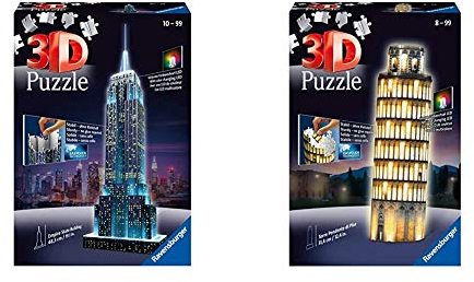Ravensburger 3D Puzzle Empire State Building bei Nacht, für Kinder und Erwachsene & 3D Puzzle Schiefer Turm von Pisa bei Nacht, 3D Puzzle für Kinder und Erwachsene, Wahrzeichen im Miniatur-Format